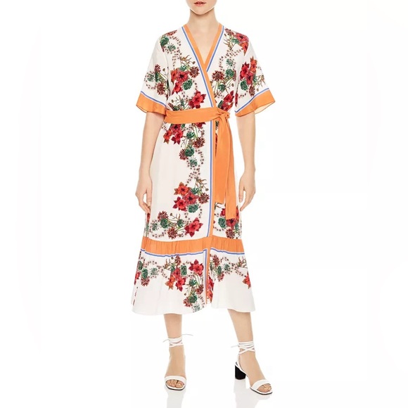 Sandro Printed Silk Midi Wrap Dress - Picture 2 of 13